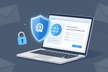 A laptop displaying a web browser window with a globe icon is shown. A blue shield with an "@" symbol and a padlock icon are beside it, symbolizing email security. The background features faint envelope icons.