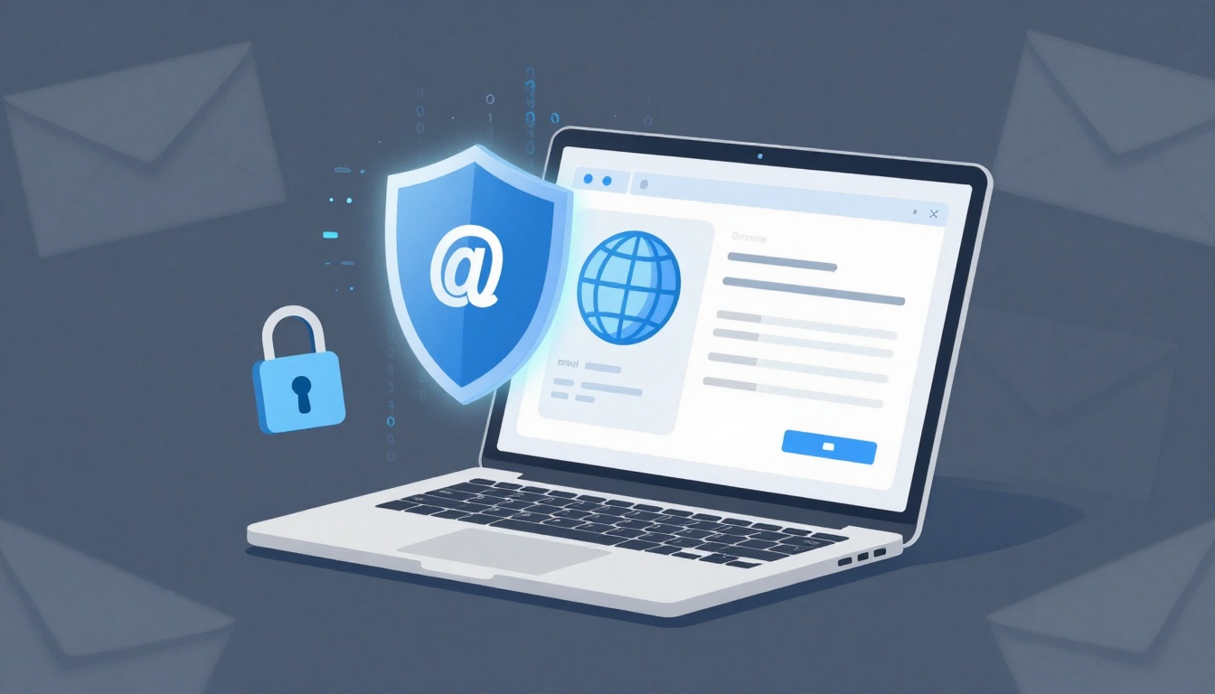 A laptop displaying a web browser window with a globe icon is shown. A blue shield with an "@" symbol and a padlock icon are beside it, symbolizing email security. The background features faint envelope icons.