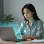 A woman in a blue shirt works on a laptop at a desk with digital circuit graphics and padlock symbols. A plant and notebook are nearby.