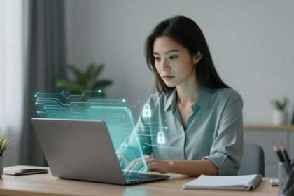 A woman in a blue shirt works on a laptop at a desk with digital circuit graphics and padlock symbols. A plant and notebook are nearby.