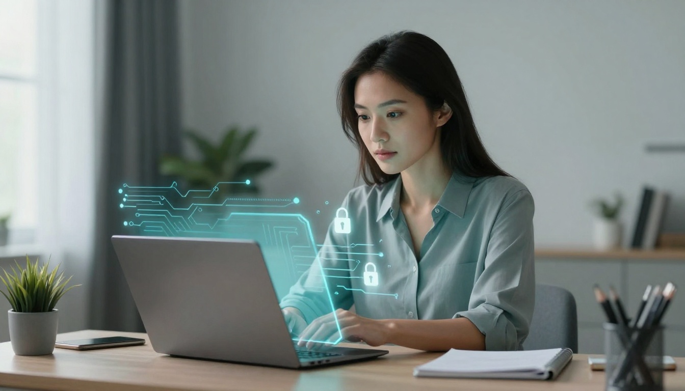 A woman in a blue shirt works on a laptop at a desk with digital circuit graphics and padlock symbols. A plant and notebook are nearby.