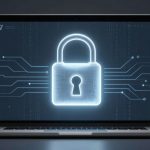 A laptop displays a glowing padlock icon with circuit lines extending from it, symbolizing cybersecurity. The background is dark with binary code.