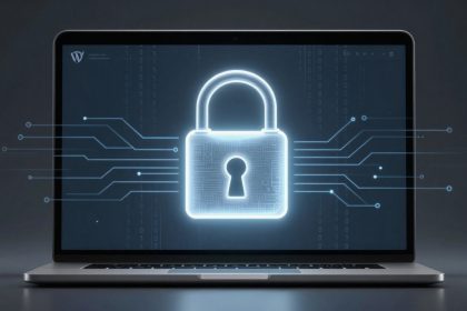 A laptop displays a glowing padlock icon with circuit lines extending from it, symbolizing cybersecurity. The background is dark with binary code.
