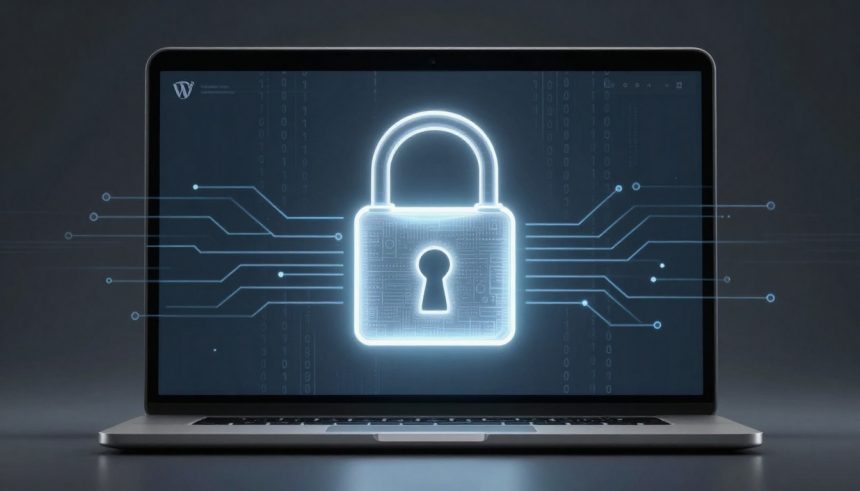 A laptop displays a glowing padlock icon with circuit lines extending from it, symbolizing cybersecurity. The background is dark with binary code.