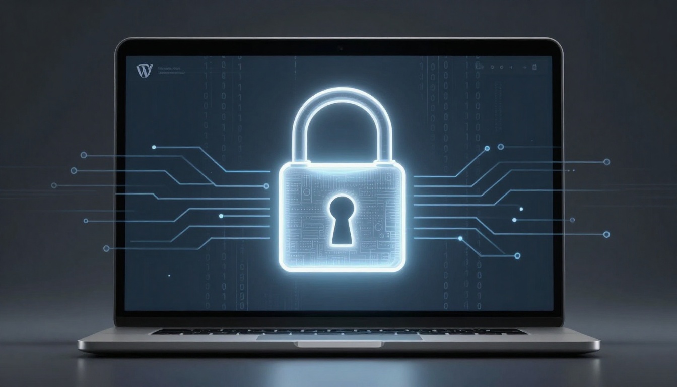 A laptop displays a glowing padlock icon with circuit lines extending from it, symbolizing cybersecurity. The background is dark with binary code.