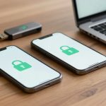 Two smartphones with green lock icons on screens are on a wooden table beside a USB drive and an open laptop.