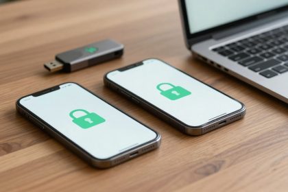 Two smartphones with green lock icons on screens are on a wooden table beside a USB drive and an open laptop.