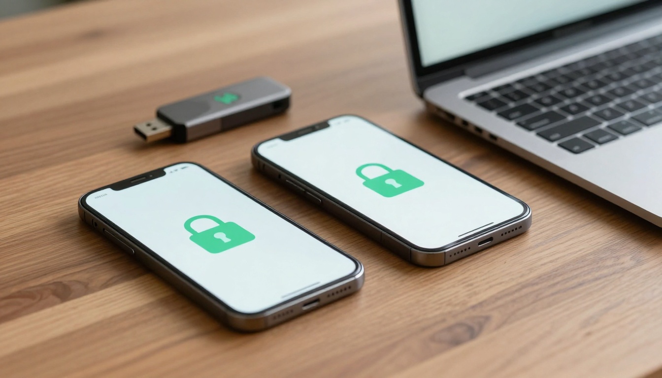 Two smartphones with green lock icons on screens are on a wooden table beside a USB drive and an open laptop.