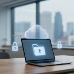 Laptop on a table with a holographic cloud and folder icon, indicating cloud storage security. Office setting with large windows.