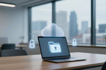 Laptop on a table with a holographic cloud and folder icon, indicating cloud storage security. Office setting with large windows.