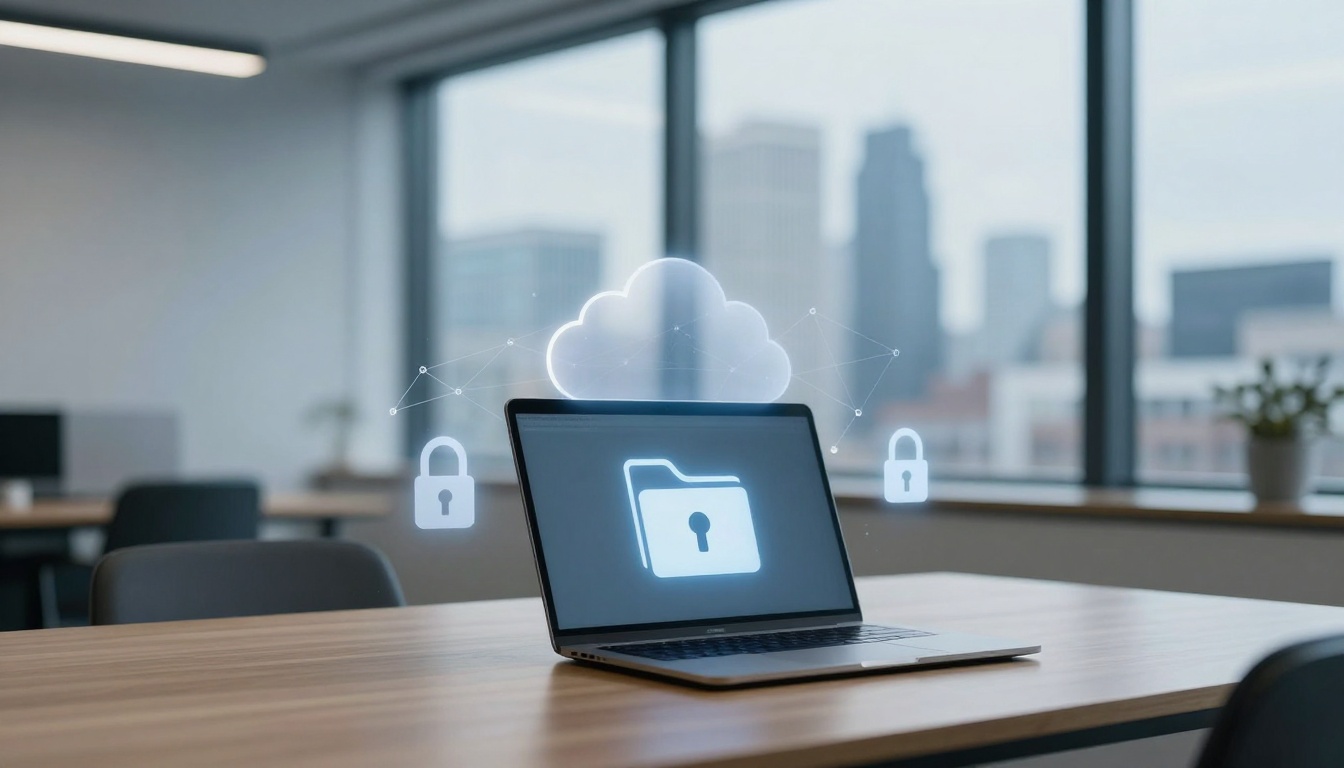Laptop on a table with a holographic cloud and folder icon, indicating cloud storage security. Office setting with large windows.
