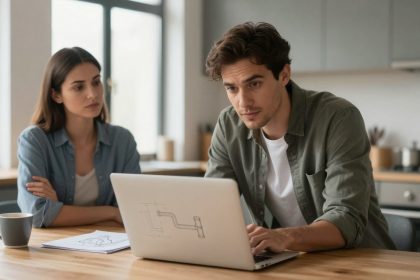 A man and woman sit at a wooden table in a kitchen. The man is focused on a laptop with a pipe diagram on the screen, while the woman observes. A mug and papers are on the table. The background shows kitchen cabinets and a stovetop.