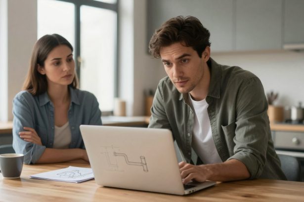 A man and woman sit at a wooden table in a kitchen. The man is focused on a laptop with a pipe diagram on the screen, while the woman observes. A mug and papers are on the table. The background shows kitchen cabinets and a stovetop.