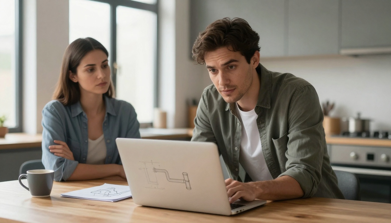 A man and woman sit at a wooden table in a kitchen. The man is focused on a laptop with a pipe diagram on the screen, while the woman observes. A mug and papers are on the table. The background shows kitchen cabinets and a stovetop.