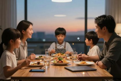 A family of five sits around a dining table, enjoying a meal together. The table is set with plates of food and glasses of water. The room is softly lit, and a large window shows a sunset view outside. A tablet and a laptop are on the table.