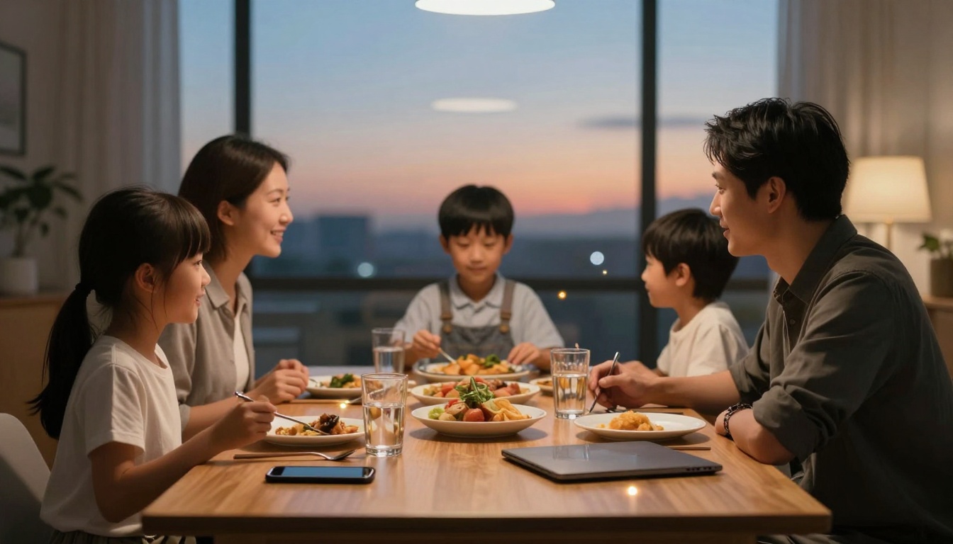 A family of five sits around a dining table, enjoying a meal together. The table is set with plates of food and glasses of water. The room is softly lit, and a large window shows a sunset view outside. A tablet and a laptop are on the table.