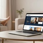 A laptop on a round coffee table displays a website featuring profiles. A person is relaxing on a sofa in the background. The room is softly lit with neutral tones.