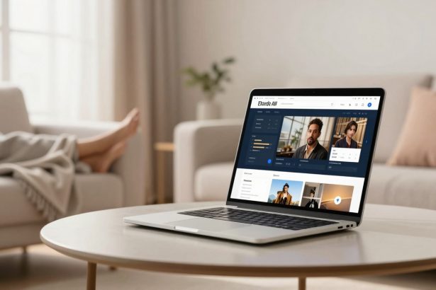 A laptop on a round coffee table displays a website featuring profiles. A person is relaxing on a sofa in the background. The room is softly lit with neutral tones.