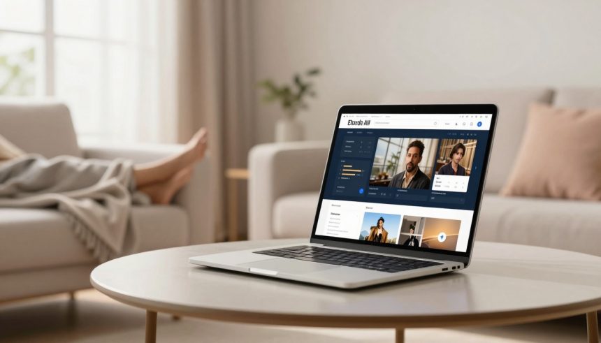 A laptop on a round coffee table displays a website featuring profiles. A person is relaxing on a sofa in the background. The room is softly lit with neutral tones.