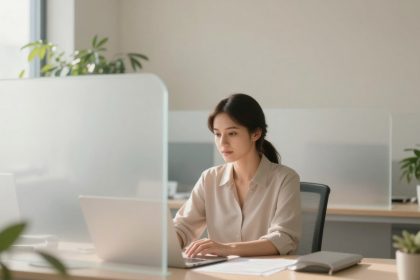 A woman in a light blouse works on a laptop at a desk in a bright office. There are plants and frosted glass dividers nearby.