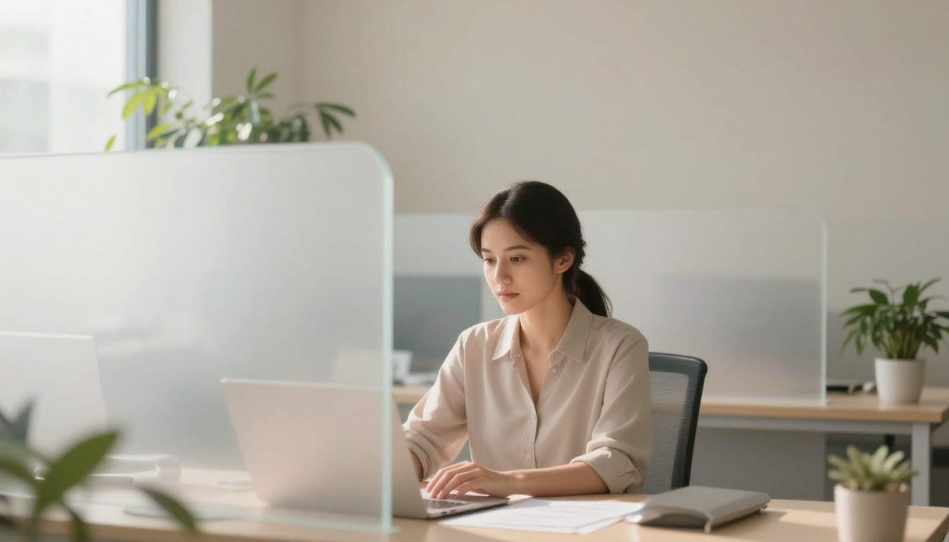 A woman in a light blouse works on a laptop at a desk in a bright office. There are plants and frosted glass dividers nearby.
