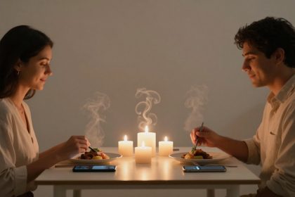 A couple sits across from each other at a table, enjoying a candlelit dinner. Steam rises from their food, with smartphones placed beside their plates.