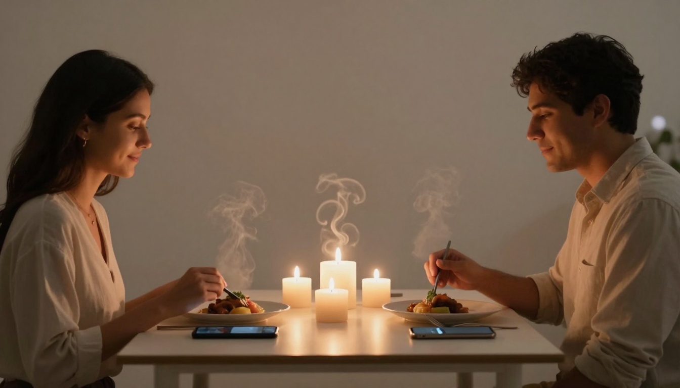 A couple sits across from each other at a table, enjoying a candlelit dinner. Steam rises from their food, with smartphones placed beside their plates.