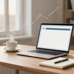 A laptop with a calendar open on the screen sits on a wooden desk beside two steaming cups of coffee. Two small potted plants and a notebook with a pen are also on the desk. Sunlight streams through a window in the background.