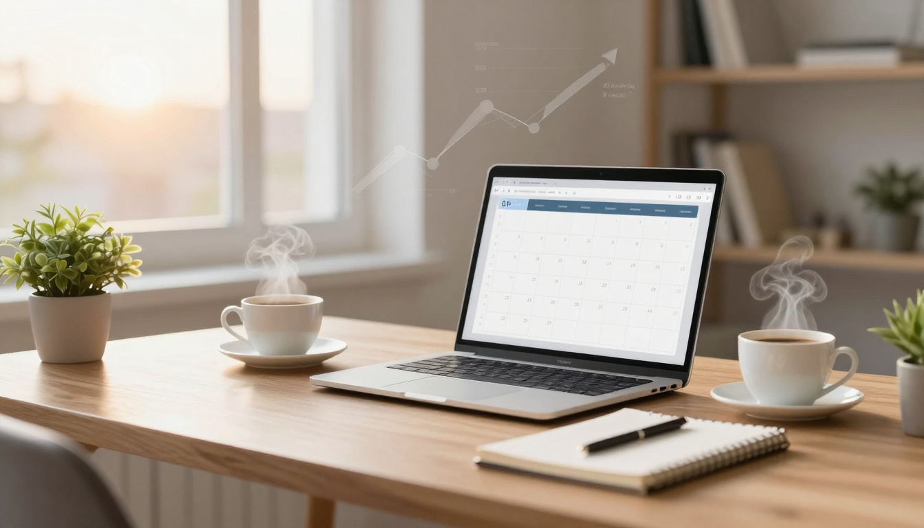 A laptop with a calendar open on the screen sits on a wooden desk beside two steaming cups of coffee. Two small potted plants and a notebook with a pen are also on the desk. Sunlight streams through a window in the background.