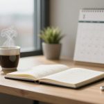 A wooden desk with an open notebook, a steaming cup of coffee, two small potted plants, a smartphone, and a spiral-bound calendar.
