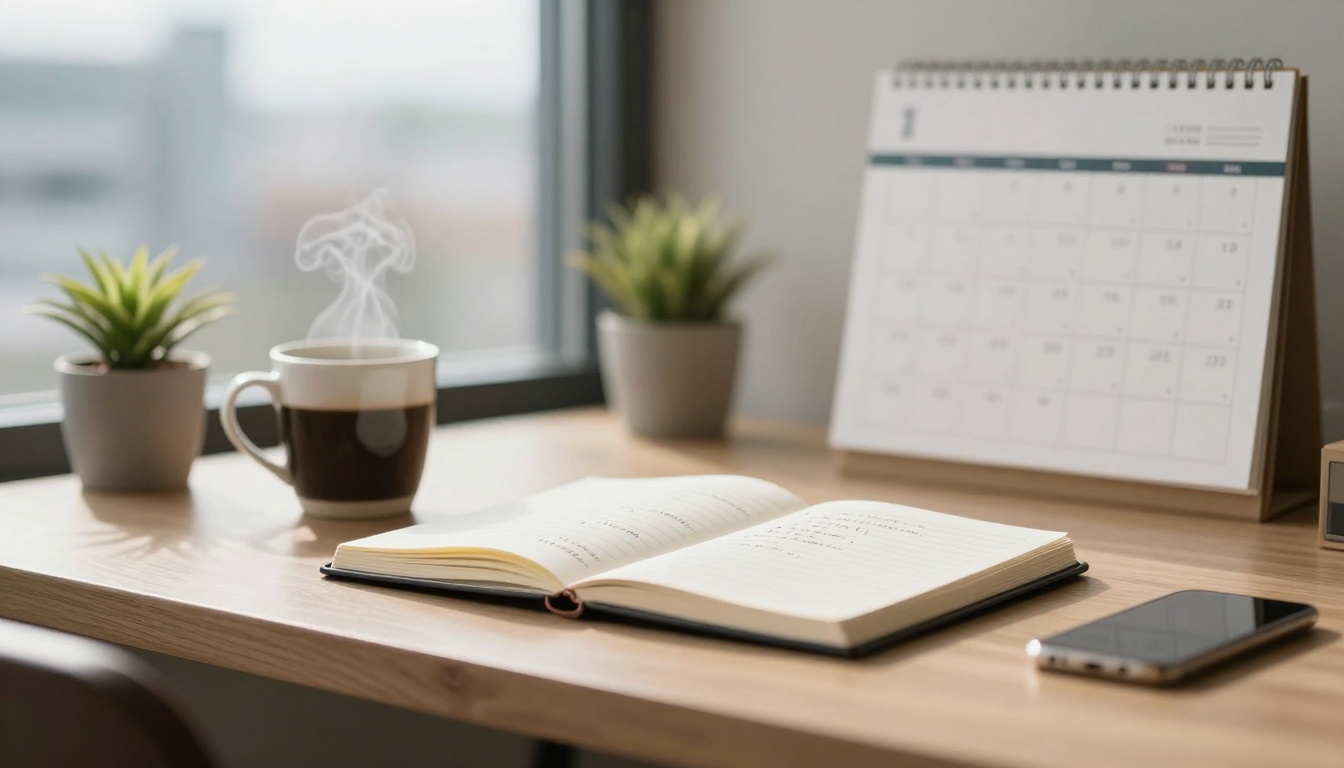 A wooden desk with an open notebook, a steaming cup of coffee, two small potted plants, a smartphone, and a spiral-bound calendar.