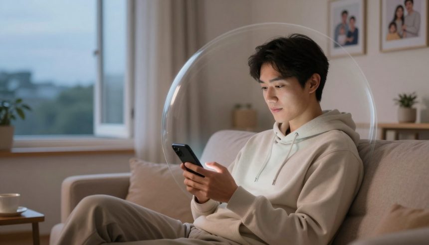 A person in a beige hoodie sits on a couch using a smartphone, surrounded by a transparent bubble. The room has a window, small plants, and framed photos on the wall.