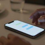 A hand interacting with a smartphone displaying a messaging app with blue and green text bubbles. A plate of desserts and a glass of water are blurred in the background on a table.
