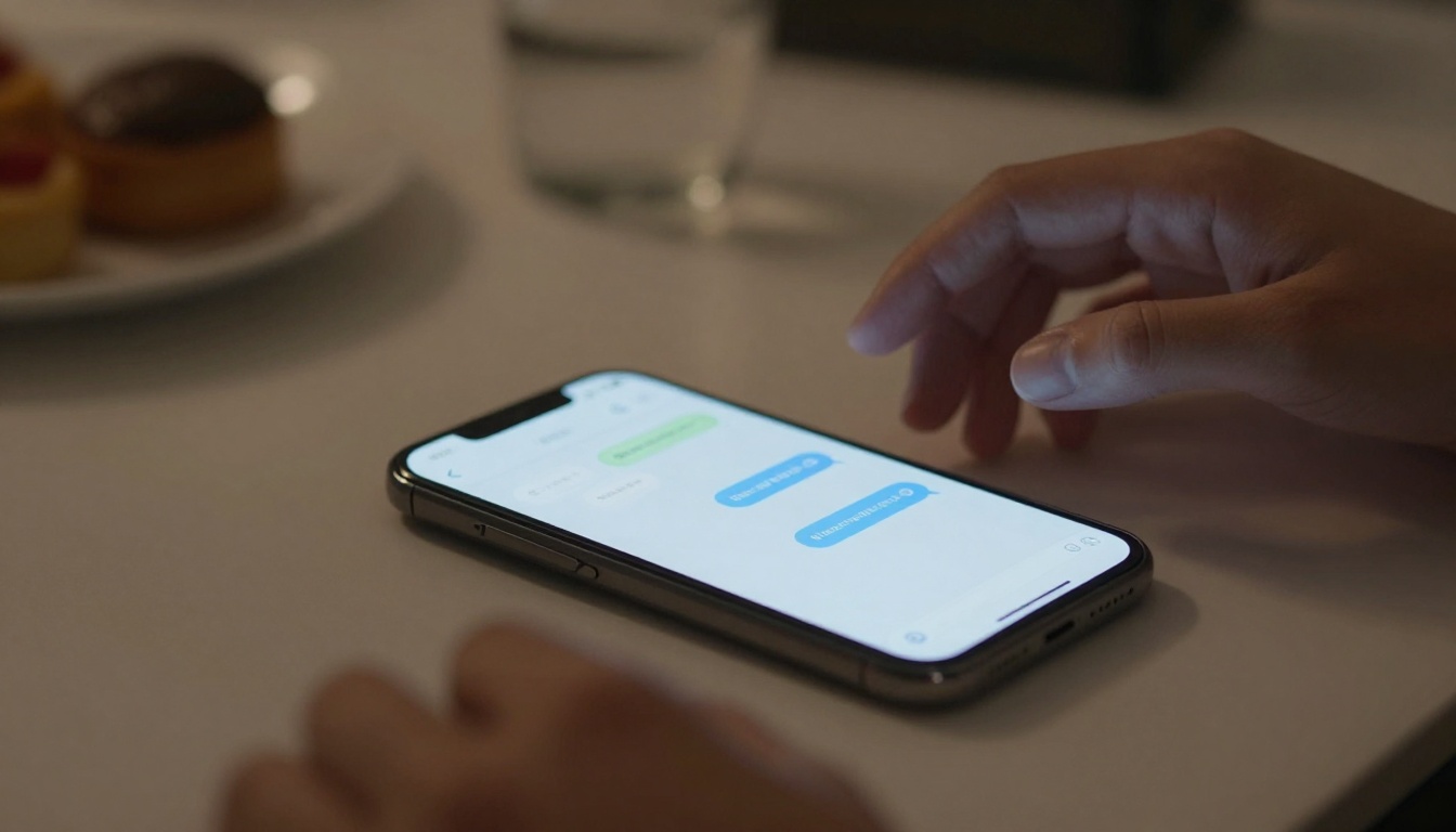 A hand interacting with a smartphone displaying a messaging app with blue and green text bubbles. A plate of desserts and a glass of water are blurred in the background on a table.