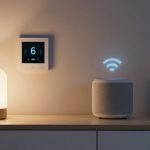 A smart home setup on a wooden surface features a glowing lamp on the left, a digital thermostat displaying "6" on the wall, a smart speaker with a blue Wi-Fi symbol above it, and a pillow with a Union Jack design.