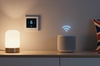 A smart home setup on a wooden surface features a glowing lamp on the left, a digital thermostat displaying "6" on the wall, a smart speaker with a blue Wi-Fi symbol above it, and a pillow with a Union Jack design.