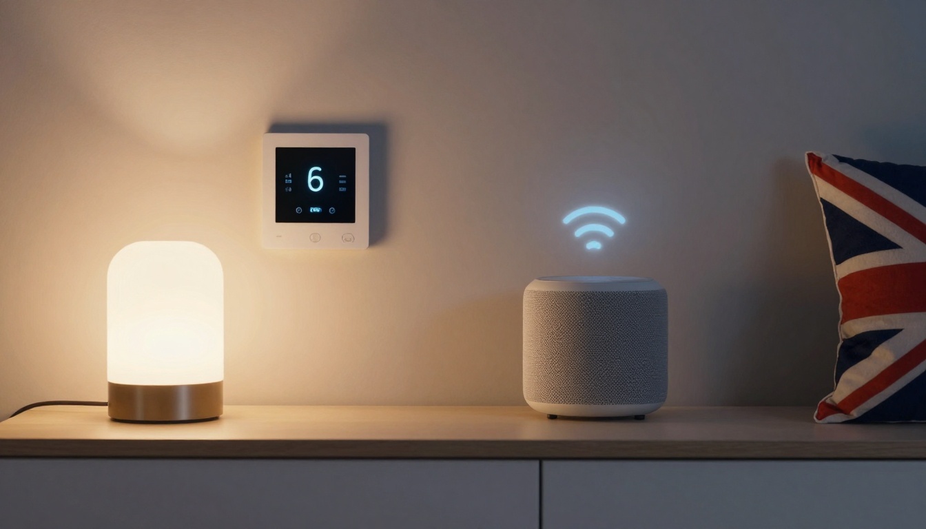 A smart home setup on a wooden surface features a glowing lamp on the left, a digital thermostat displaying "6" on the wall, a smart speaker with a blue Wi-Fi symbol above it, and a pillow with a Union Jack design.