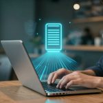 A person typing on a laptop in a cafe, with a blue holographic server icon projected above the keyboard, indicating data security.