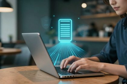A person typing on a laptop in a cafe, with a blue holographic server icon projected above the keyboard, indicating data security.