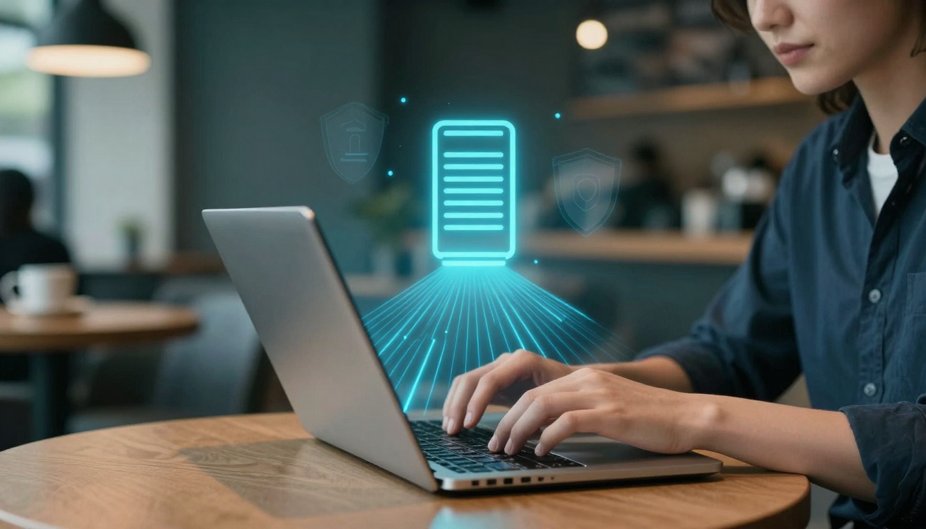 A person typing on a laptop in a cafe, with a blue holographic server icon projected above the keyboard, indicating data security.