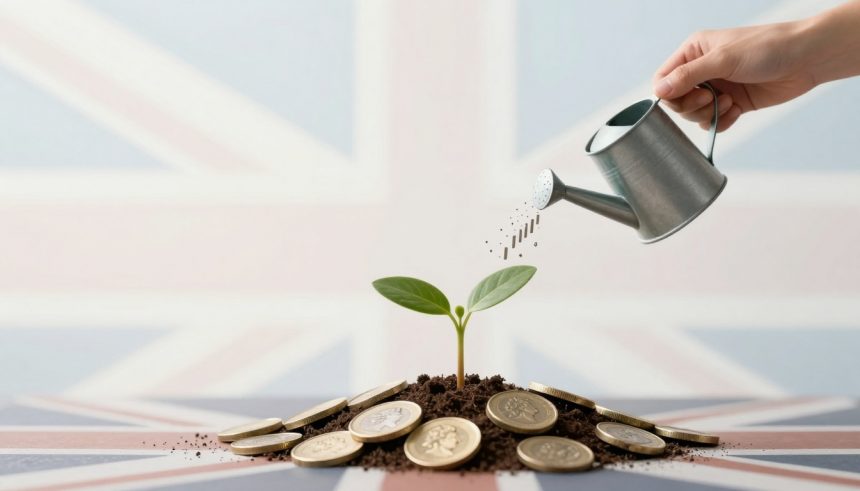 A hand waters a small green plant with a silver watering can. The plant is growing from a pile of soil and British coins, with a blurred Union Jack flag in the background.