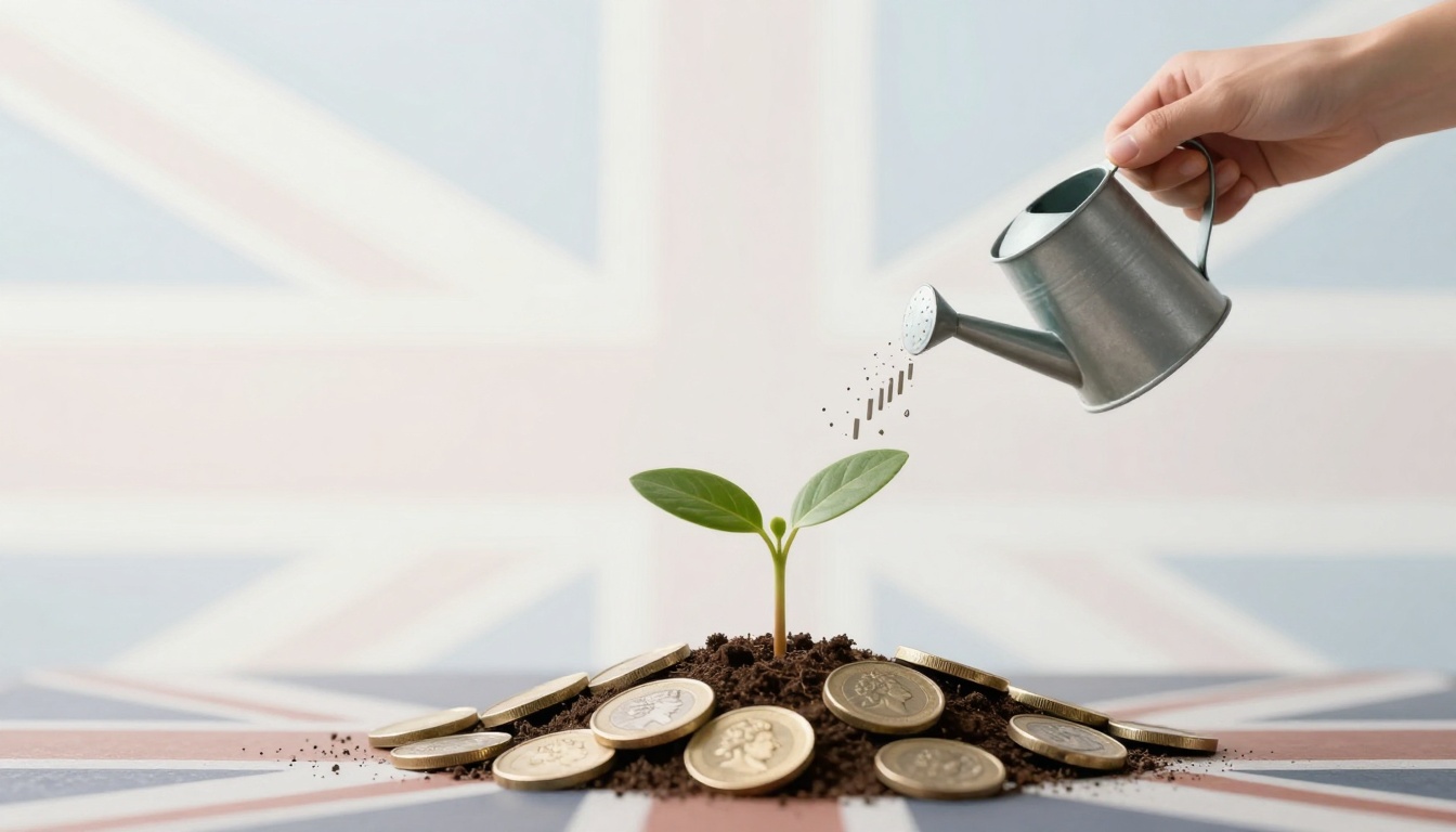 A hand waters a small green plant with a silver watering can. The plant is growing from a pile of soil and British coins, with a blurred Union Jack flag in the background.