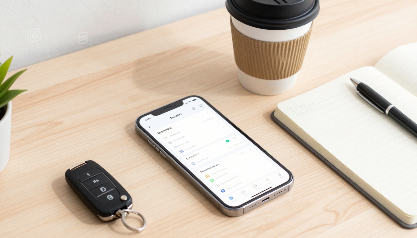 Smartphone displaying an app lies on a wooden desk next to a car key, a lined notebook with a pen, and a takeaway coffee cup.