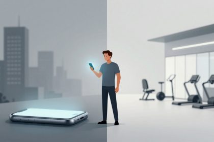 A man in a gym holds a glowing smartphone, standing beside exercise equipment. A large smartphone lies on a table in the foreground.