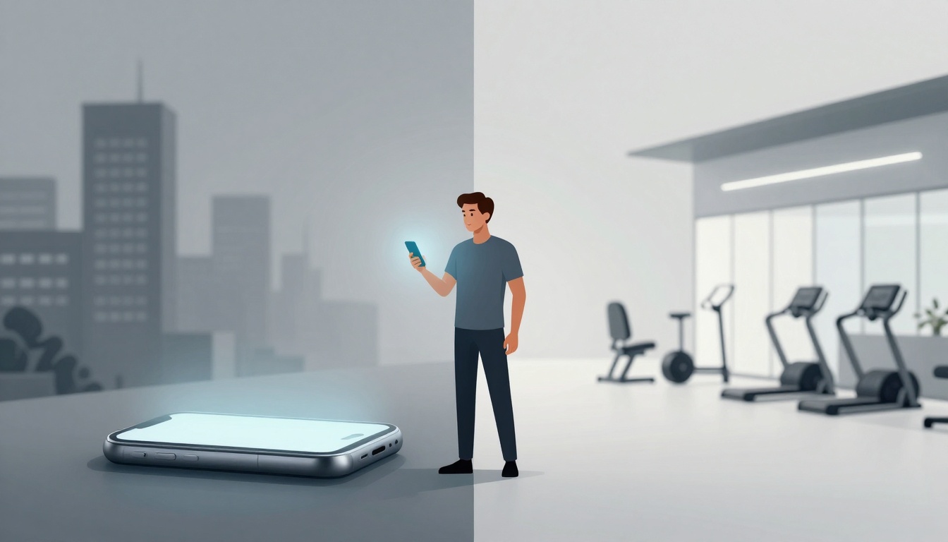 A man in a gym holds a glowing smartphone, standing beside exercise equipment. A large smartphone lies on a table in the foreground.