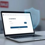 A laptop on a table displays an e-commerce website. A smartphone beside it shows a similar site. A white mug is on the left. A Christmas tree and blurred "SALE" signs are in the background.