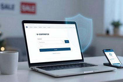 A laptop on a table displays an e-commerce website. A smartphone beside it shows a similar site. A white mug is on the left. A Christmas tree and blurred "SALE" signs are in the background.