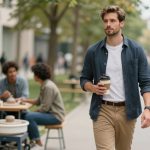 A man in a blue shirt and beige pants walks down a tree-lined street holding a coffee cup. In the background, three people sit at a table outdoors, engaged in conversation.