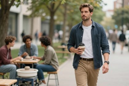 A man in a blue shirt and beige pants walks down a tree-lined street holding a coffee cup. In the background, three people sit at a table outdoors, engaged in conversation.