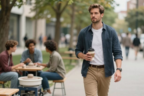 A man in a blue shirt and beige pants walks down a tree-lined street holding a coffee cup. In the background, three people sit at a table outdoors, engaged in conversation.